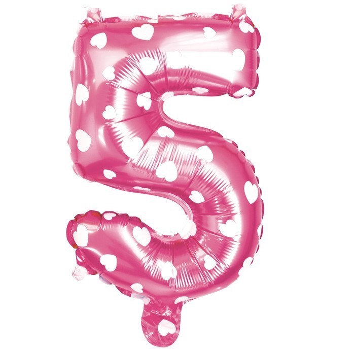 Шар фольгированный 16" Цифра 5, сердца, индивидуальная упаковка, цвет розовый