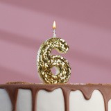 Свеча в торт «Блестки», цифра "6", золото, 6.5х4
