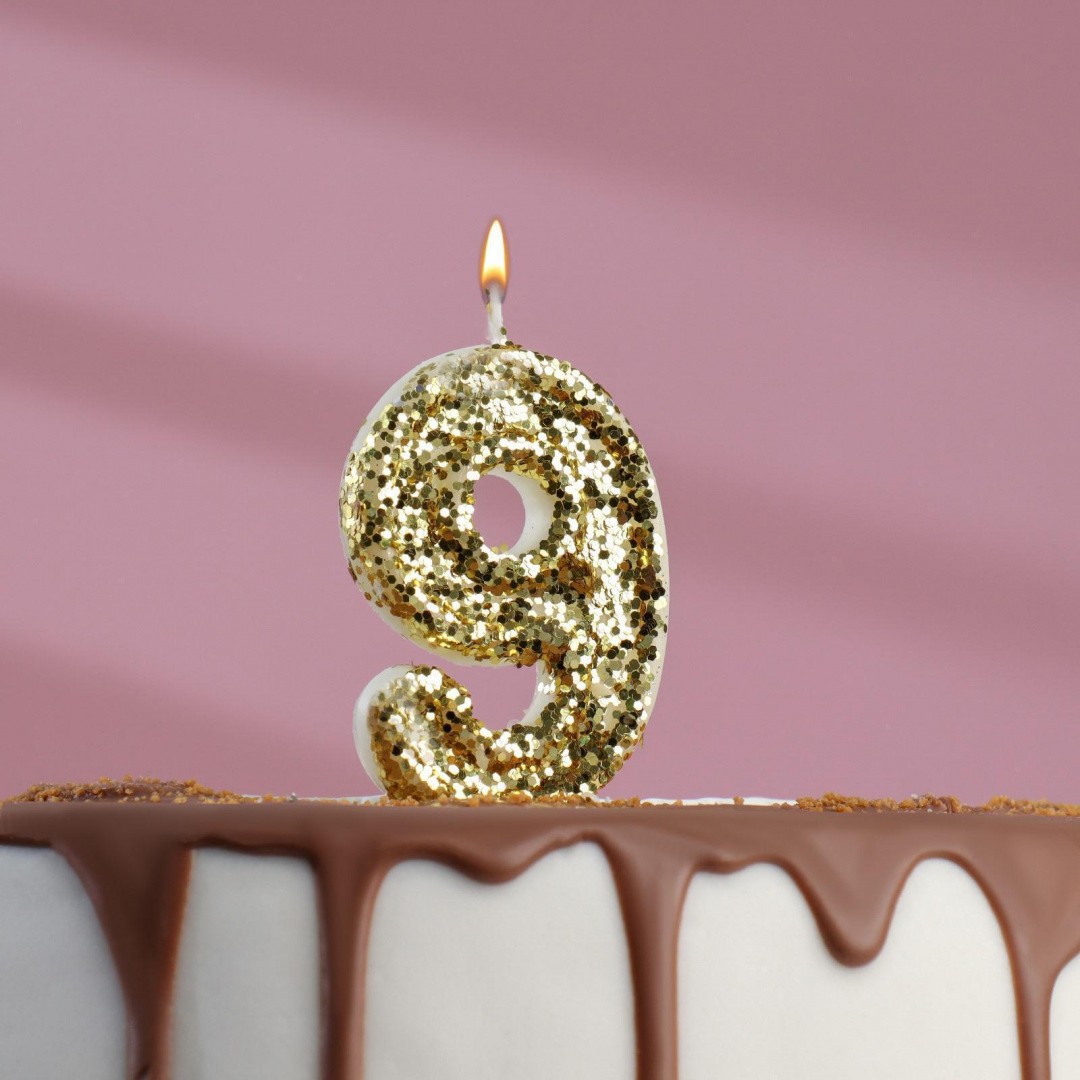 Свеча в торт «Блестки», цифра "9", золото, 6.5х4